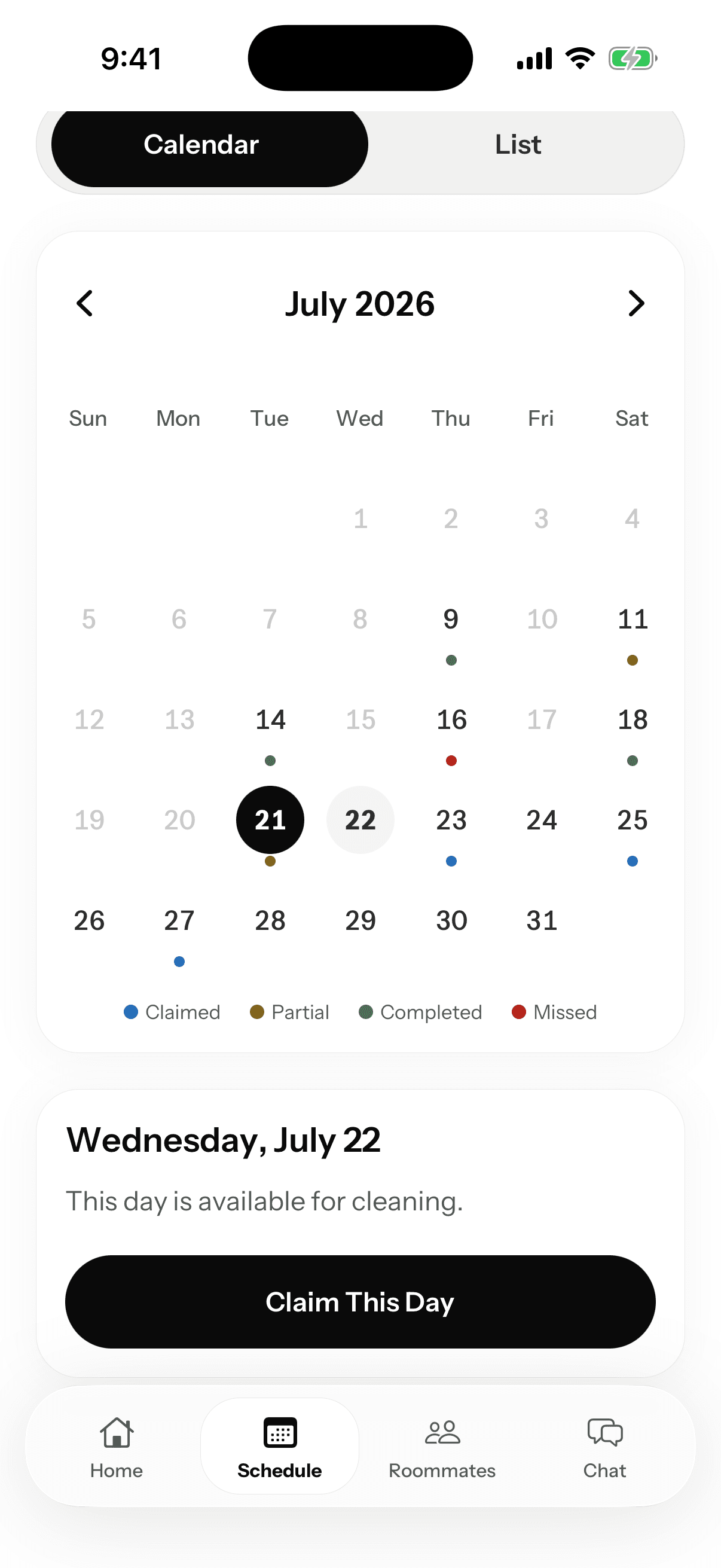 Housey calendar with an available cleaning day ready to claim