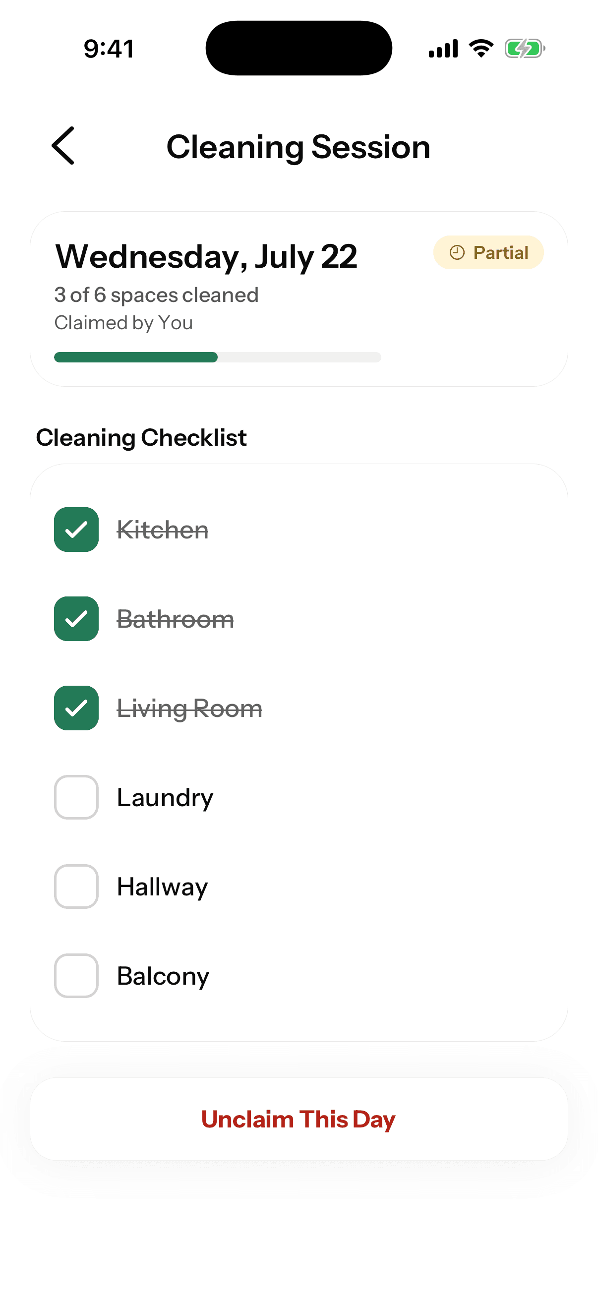 Housey cleaning checklist with three of six shared spaces completed