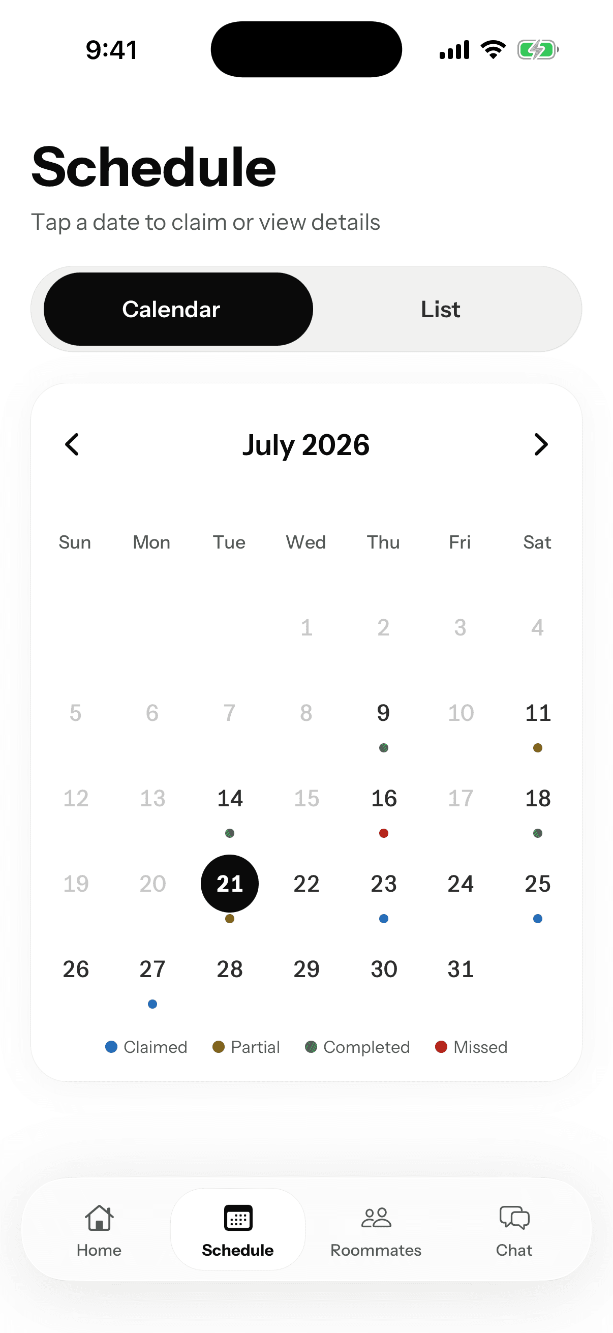 Housey schedule showing the shared cleaning calendar